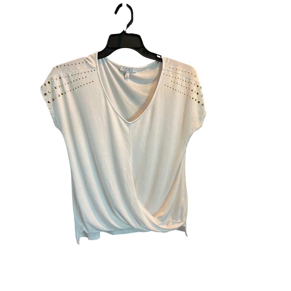 Chaus New York Womens Large White Studded Shoulder V-Neck Drape Front Top L